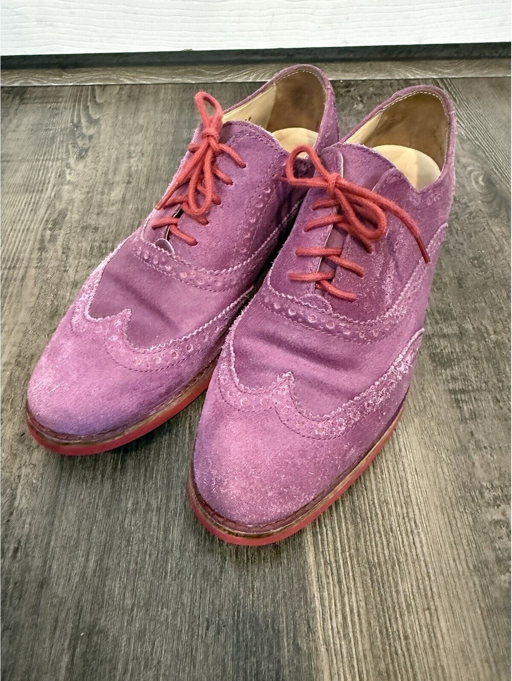 Cole Haan Wingtip Oxford Shoes Womens 7 B Purple Suede Brogue Lace Up